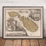 Mappa antica di Malta di Homann, 1788: Valletta, Mdina, Fortificazioni, Barche 