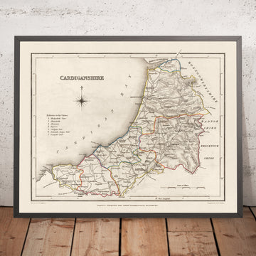 Carte ancienne du Ceredigion, Pays de Galles par Lewis, 1844 : Cardigan Bay, Aberystwyth, Cardigan, Lampeter 