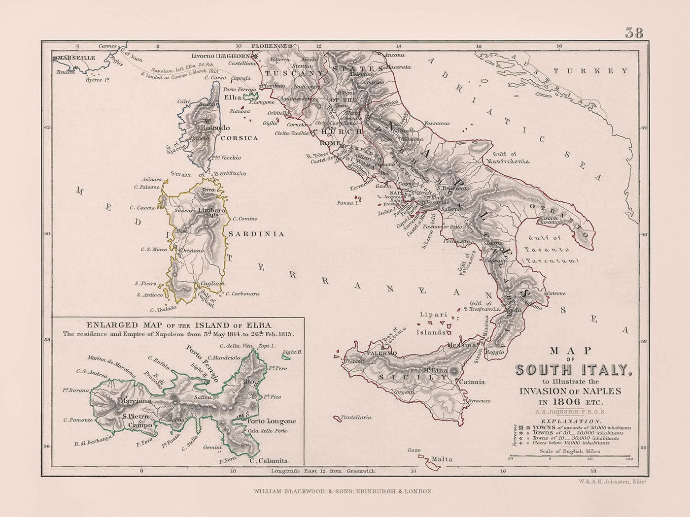 Ancienne carte militaire de l'invasion de Naples par Napoléon, 1806 : Naples, Rome, Elbe, Sicile, Calabre