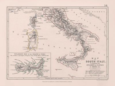 Mapa militar antiguo de la invasión de Nápoles por Napoleón, 1806: Nápoles, Roma, Elba, Sicilia, Calabria