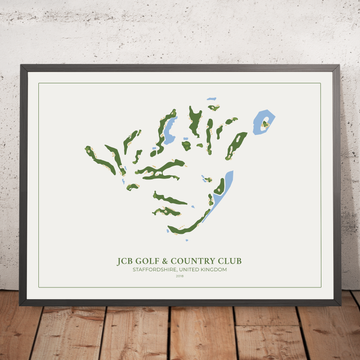 A framed image of JCB Golf & Country Club in the style of a simple and modern golf course map