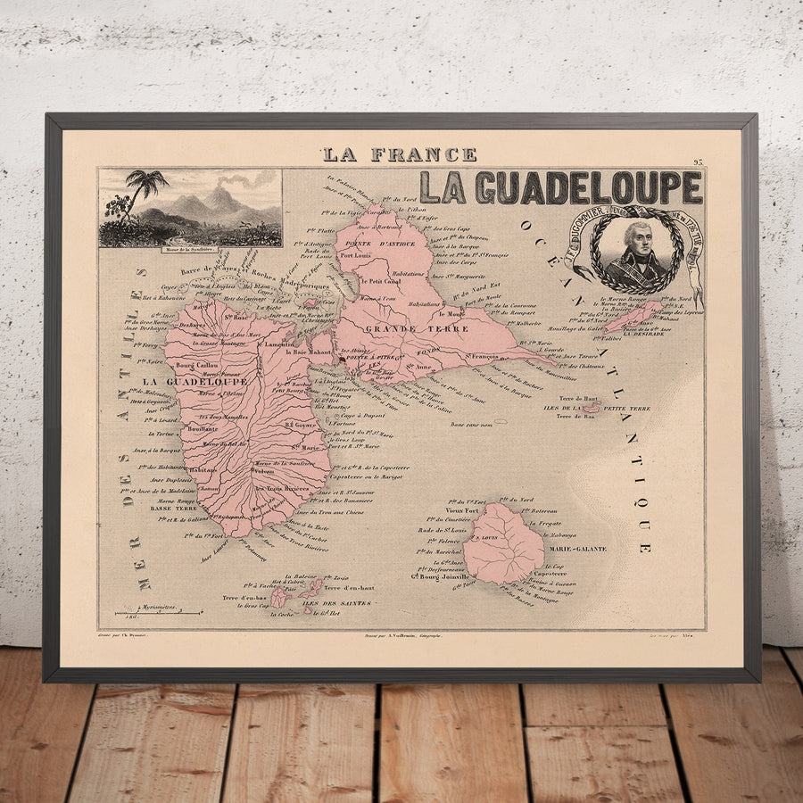 Antica mappa della Guadalupa di Vuillemin, 1869: Pointe-à-Pitre, Basse-Terre, Grande-Terre, Marie-Galante, canna da zucchero 