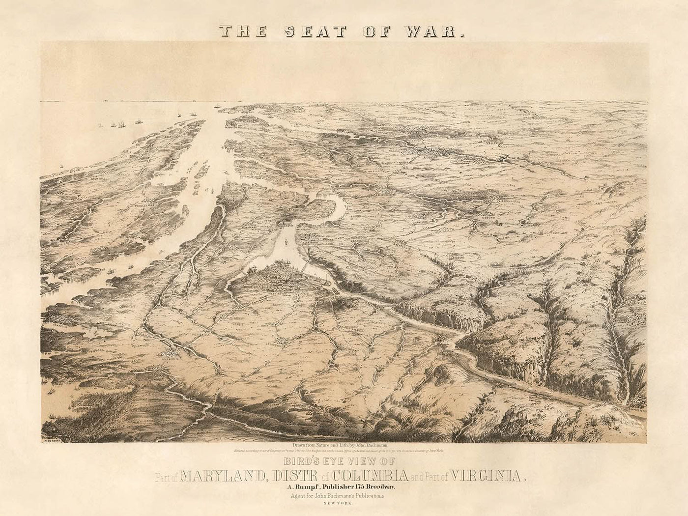 El centro de la guerra Vista aérea de parte de Maryland, distrito de Columbia y parte de Virginia, por John Bachmann, 1861