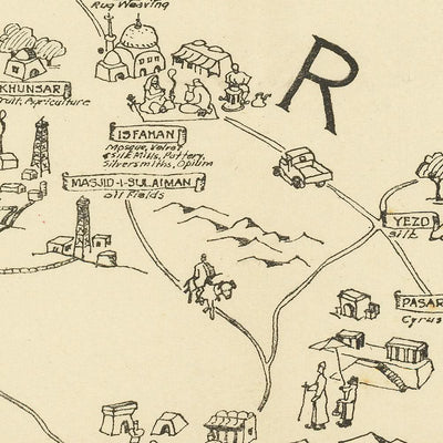 Ancienne carte illustrée de l'Iran par le commandement du golfe Persique, 1943 : Téhéran, mer Caspienne, golfe Persique, tissage de tapis, jardin d'Eden