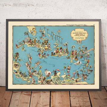 Bildkarte der Karibik und Mittelamerika von Ruth Taylor White, 1935: Panamakanal, Puerto Rico, Havanna, San Juan, Santo Domingo 