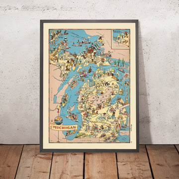 Pictorial Map of Michigan by Ruth Taylor White, 1935: Detroit, Great Lakes, Lumber, Autos, Orchards, Recreation