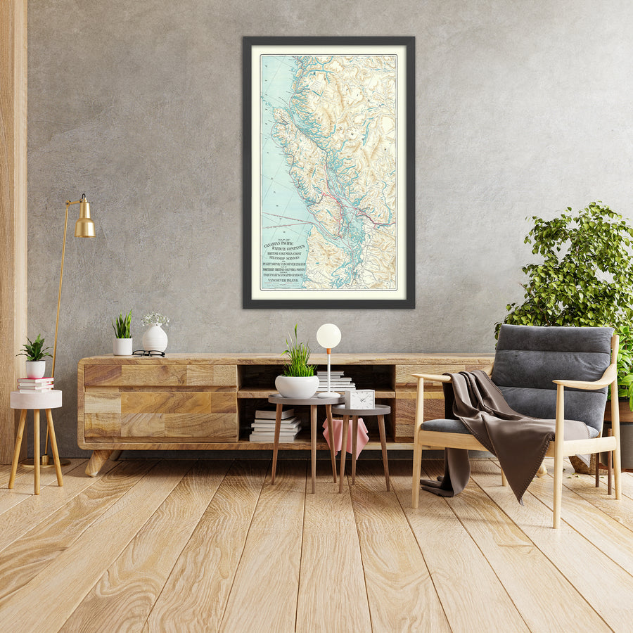 Mappa antica della Columbia Britannica dei Fratelli Poole, 1911: Vancouver, Victoria, Ferrovie, Rotte di Navi a Vapore, Isola di Vancouver 