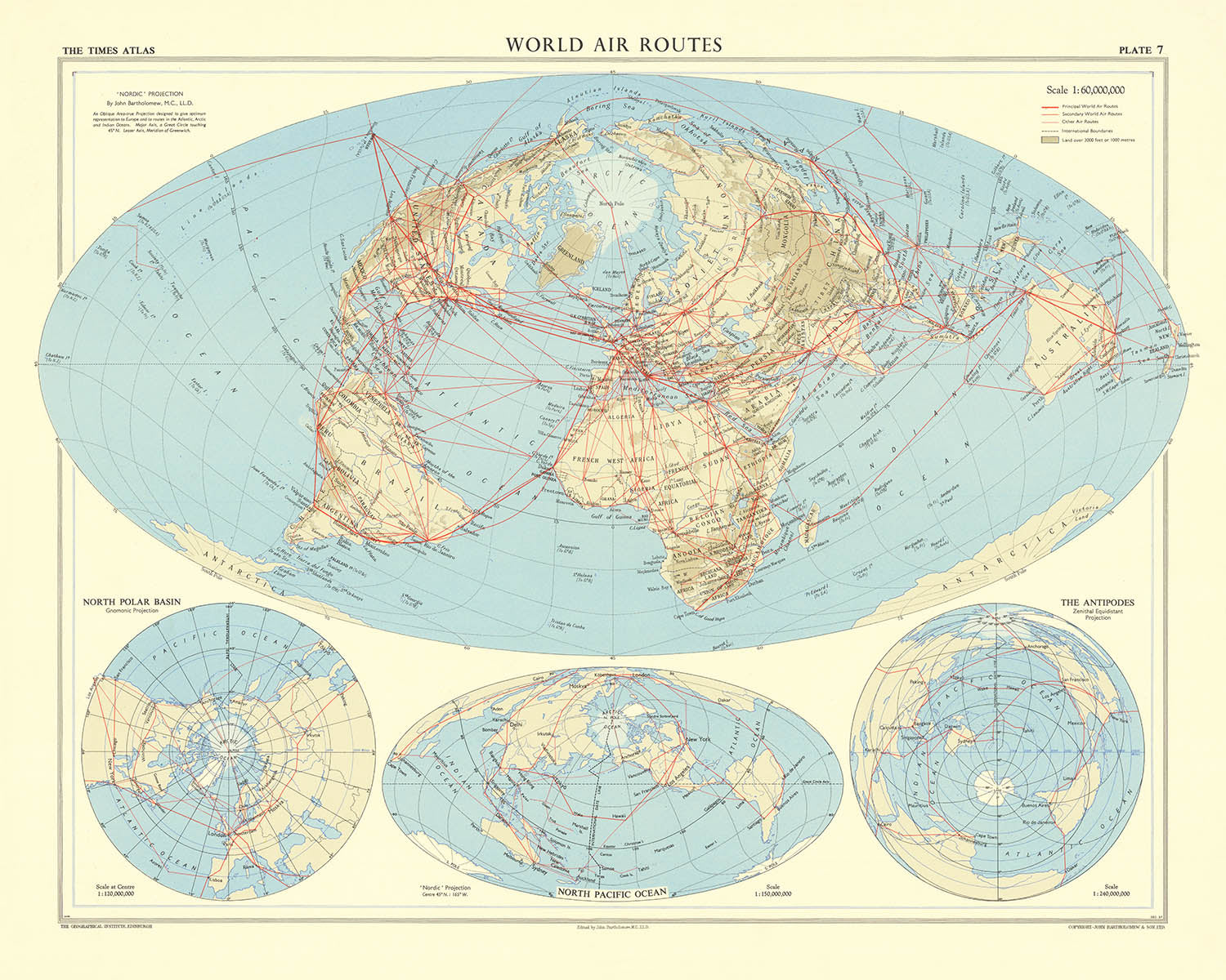World Air Routes Map in Many Different Projections by Bartholomew, 195 ...