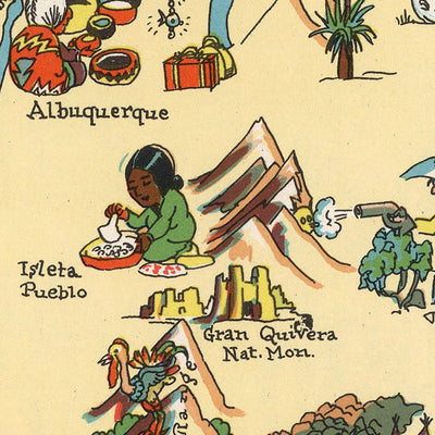 Pictorial Map of New Mexico by Ruth Taylor White, 1935: Albuquerque, Santa Fe, Rio Grande, Carlsbad Caverns, Gila National Forest