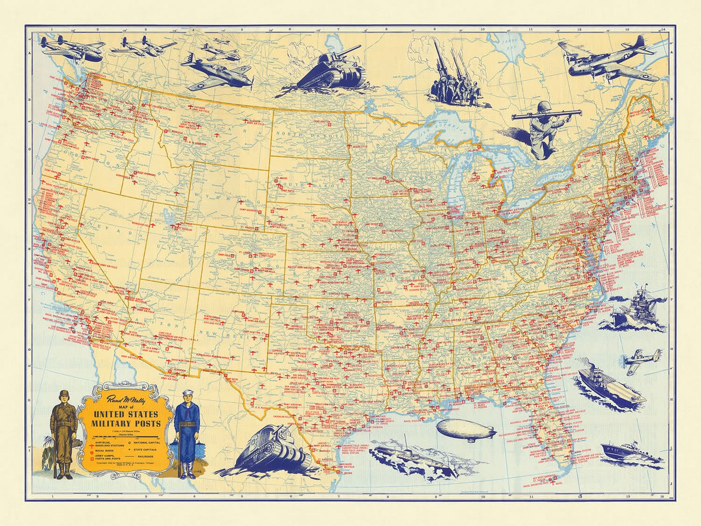 Ancienne carte militaire des États-Unis par Rand McNally, 1944 : New York, Los Angeles, Chicago, aérodromes, bases navales