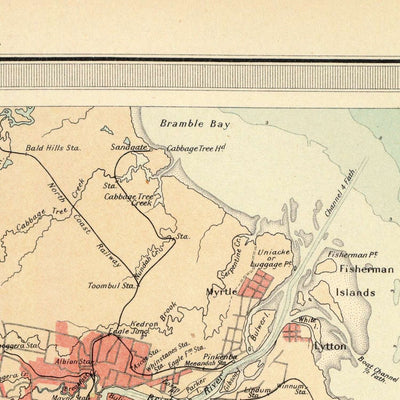 Ancienne carte de l'est du Queensland par Bartholomew, 1922 : Brisbane, Cairns, relief, routes de navigation, encart