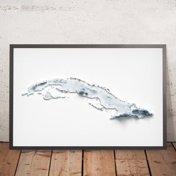 Una imagen enmarcada de un mapa topográfico en relieve en 3D de Cuba
