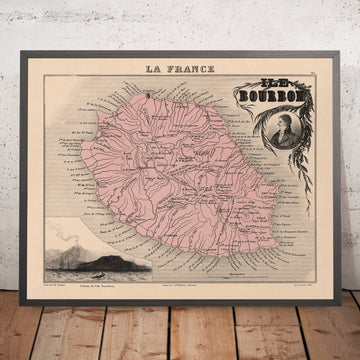 Old Map of Réunion Island by Vuillemin, 1869: Volcano, Saint-Denis, Saint-Pierre, Indian Ocean, Sugar Cane