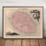 Alte Karte von Réunion Island von Vuillemin, 1869: Vulkan, Saint-Denis, Saint-Pierre, Indischer Ozean, Zuckerrohr 