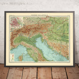 Vecchia carta a rilievo a colori dell'Italia settentrionale e dell'Austria, 1922: Milano, Venezia, Vienna, Alpi, fiume Po 