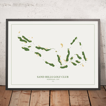 A framed image of Sand Hills Golf Club in the style of a simple and modern golf course map