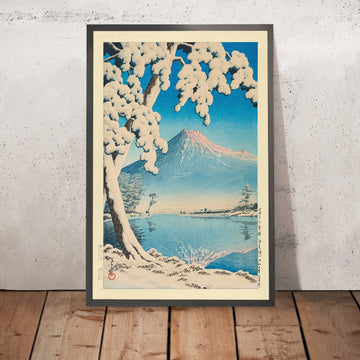A framed image of Mt. Fuji after Snow in Tagonoura by Hasui Kawase, 1935