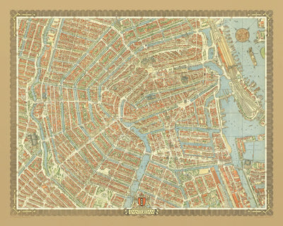 Mapa antiguo de Ámsterdam a vista de pájaro, realizado por Bollmann en 1971: Estación central, Jordaan, Vondelpark, canales, iglesias