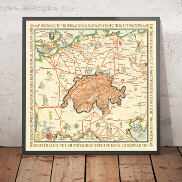 Old Pictorial Map of Switzerland by Gauchet, 1931: Railway connections, Zurich, Geneva, Bern, Alps