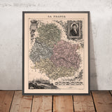 Ancienne carte de la Côte-d'Or par Vuillemin, 1869 : Dijon, Beaune, vignobles, rivières, armoiries 