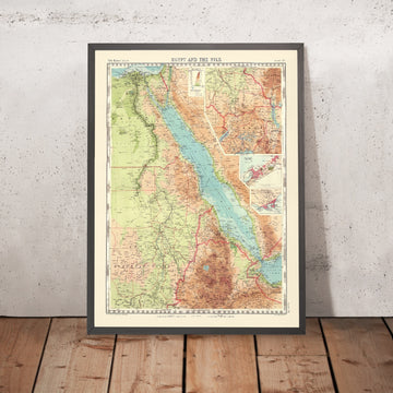 Old Topographical Map of Egypt by Bartholomew, 1922: Cairo, Alexandria, Suez Canal, Nile Delta, Red Sea