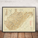 Alte Karte von West Virginia, 1930: Eisenbahn, Charleston, Huntington, Morgantown, Ohio R., B&O- und C&O-Eisenbahn 