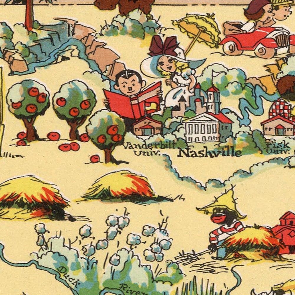 Pictorial Map of Tennessee by Ruth Taylor White, 1935: Memphis, Nashville, Smoky Mountains, Mississippi & Tennessee Rivers, Musical Heritage