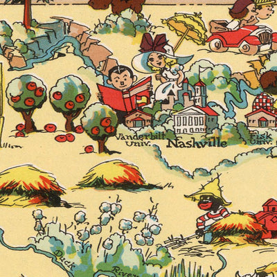 Pictorial Map of Tennessee by Ruth Taylor White, 1935: Memphis, Nashville, Smoky Mountains, Mississippi & Tennessee Rivers, Musical Heritage