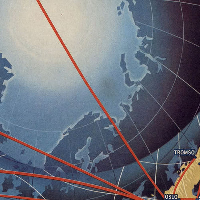 Alte Weltkarte, Polarprojektion der Fluggesellschaften von SAS, 1960: Spiraldesign, globale Routen, Luftfahrtzeitalter.