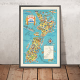 New Zealand Travel Poster: Fun Map by NZ Government Tourist Department