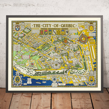 Old Pictorial Map of Quebec City by Maw 1932: Citadel, Old Quebec, St. Lawrence, Abraham 1759, CNR