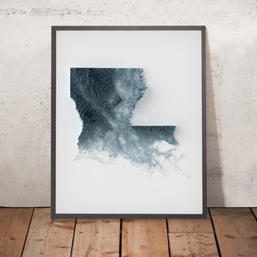 A framed image of a 3D style topographic relief map ofLouisiana