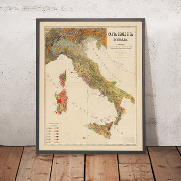 Grande Antica Carta Geologica dell’Italia di Virano e Teano, 1880: Alpi, Appennini, Vesuvio, Etna, fiume Po 