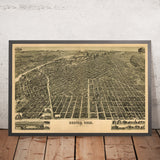 Ancienne carte à vol d'oiseau de Denver, Colorado par Wellge, 1889 : 16th St, Larimer St, Colfax Ave, Tabor Opera House, Cherry Creek 