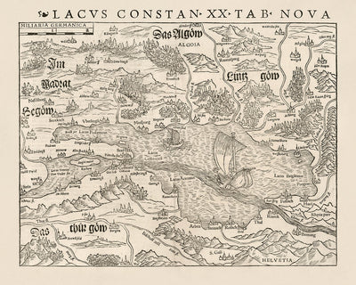 Old Map of Lake Constance by Munster, 1540: German-Swiss-Austrian Border, Konstanz, Lindau, Bregenz, St. Gallen, Holbein Style