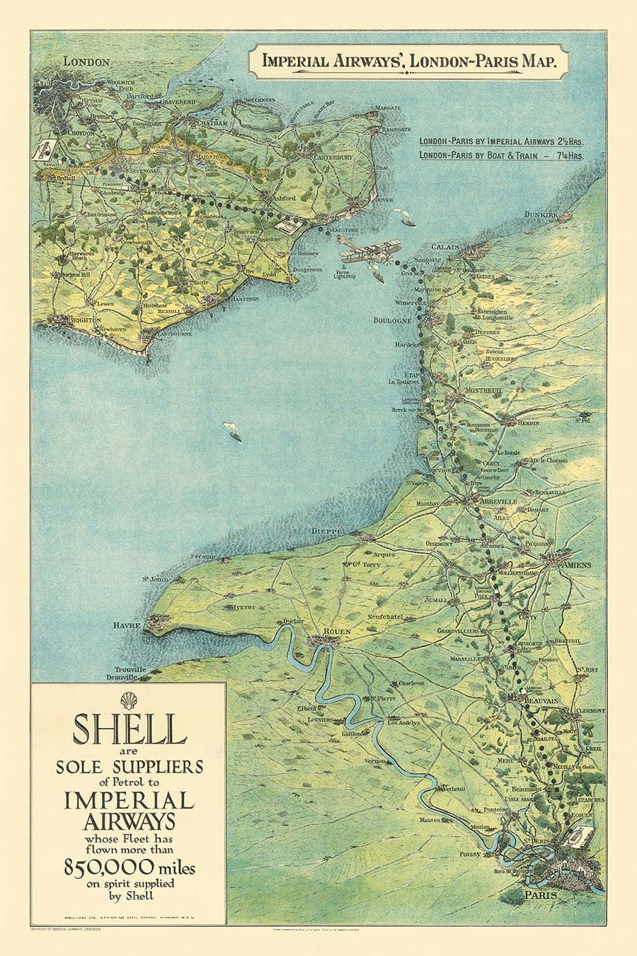Mappa della vecchia rotta di Londra a Parigi in aereo, 1928: Imperial Airways, Croydon, biplano Handley Page 