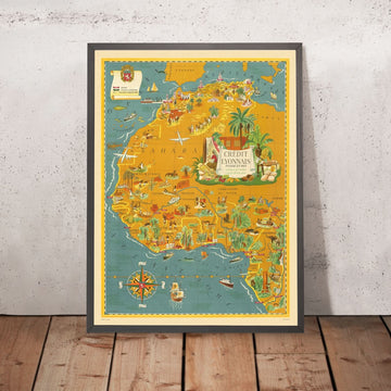 Antigua mapa de África del Norte y colonial francés por Boucher, 1945: Casablanca, Argel, Dakar, Sahara 