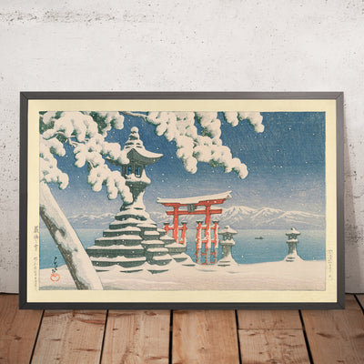 A framed image of Snow at Miyajima by Hasui Kawase, 1935