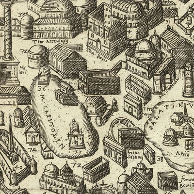 Old Pictorial Map of Rome, 1600: Colosseum, Circus Maximus, Pantheon, Roman Forum, Via Appia