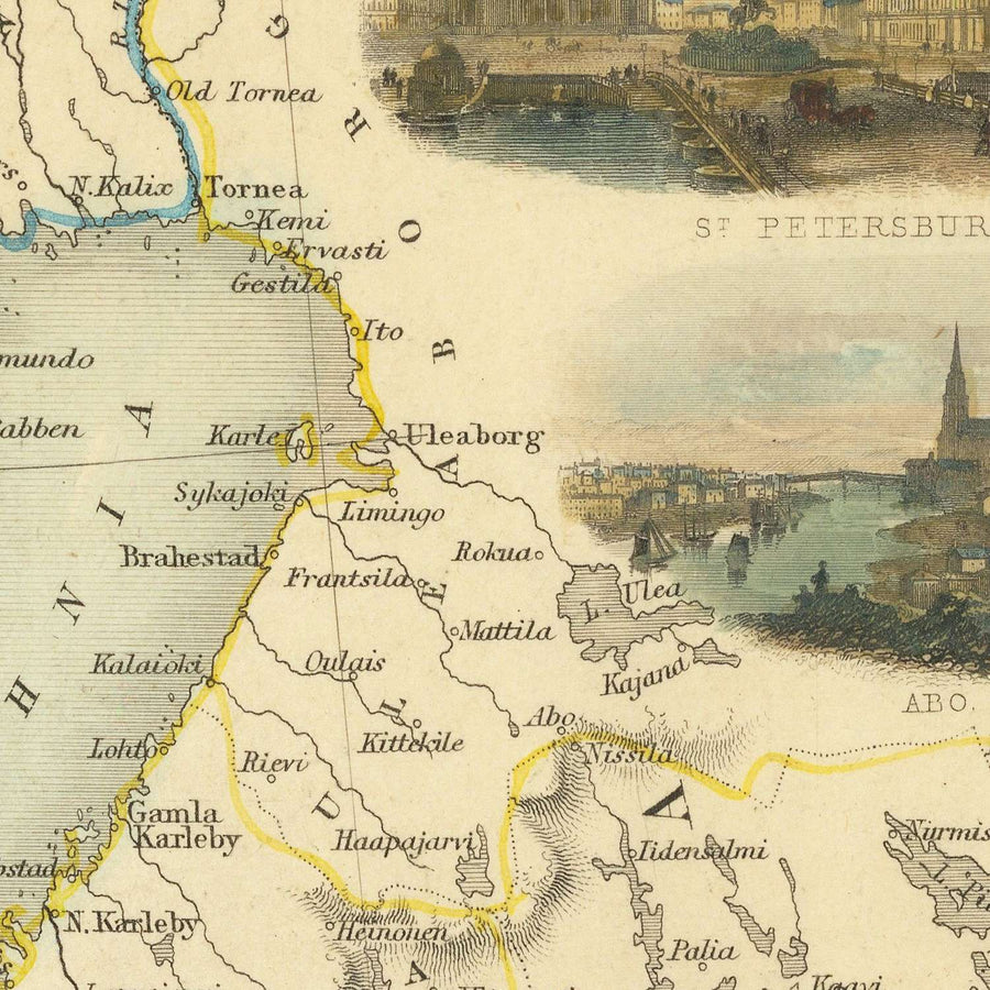 Antica mappa della Finlandia, Danimarca e dei Paesi Baltici di Tallis, 1851: San Pietroburgo, Stoccolma, Riga, Gotland, Golfo di Finlandia 