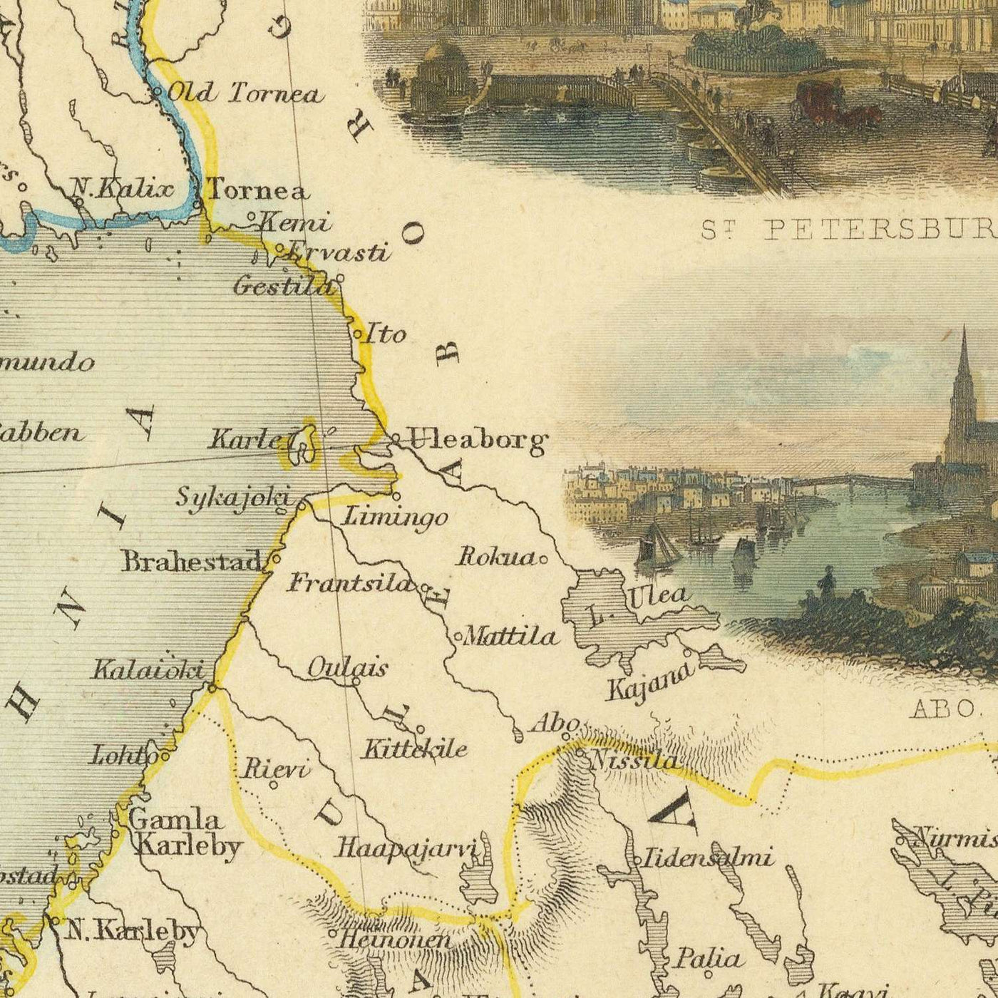 Old Map of Finland, Denmark & the Baltics by Tallis, 1851: St. Petersburg, Stockholm, Riga, Gotland, Gulf of Finland