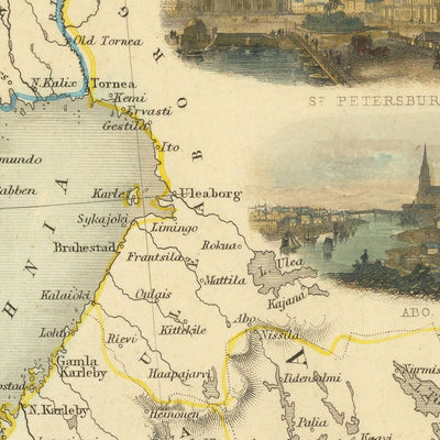 Old Map of Finland, Denmark & the Baltics by Tallis, 1851: St. Petersburg, Stockholm, Riga, Gotland, Gulf of Finland