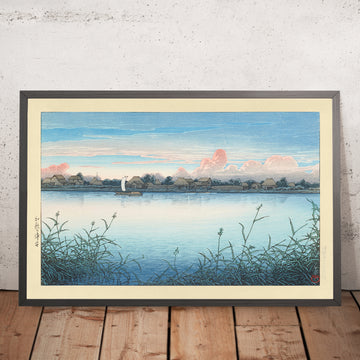 A framed image of Sailboat on a Lake in Early Autumn Urayasu by Hasui Kawase 1935