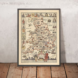 Vecchia mappa storica dell'Inghilterra, 1936: Stonehenge, Globe Theatre, Parlamento, Eroi, Battaglie 
