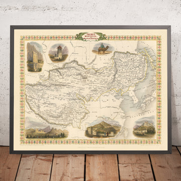 Ancienne carte du Tibet, de la Mongolie et de la Mandchourie par Tallis, 1851 : Lhassa, Pékin, Grande Muraille, Himalaya, Dalaï Lama 