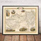 Ancienne carte du Tibet, de la Mongolie et de la Mandchourie par Tallis, 1851 : Lhassa, Pékin, Grande Muraille, Himalaya, Dalaï Lama 
