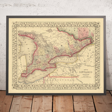 Antiguo mapa de condado de Ontario de Mitchell, 1868: Toronto, Ottawa, Hamilton, London, Kitchener (Berlin) 