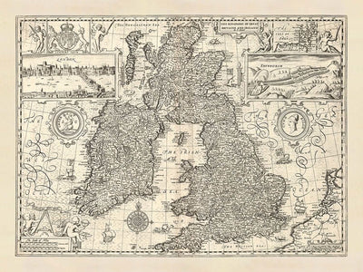 Old Map of Great Britain and Ireland by Speed, 1676: London, Edinburgh, Dublin, Orkneys, Sea Monsters