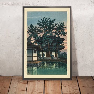 Ein gerahmtes Bild von Kiko-Tempel, Präfektur Nara von Hasui Kawase, 1935