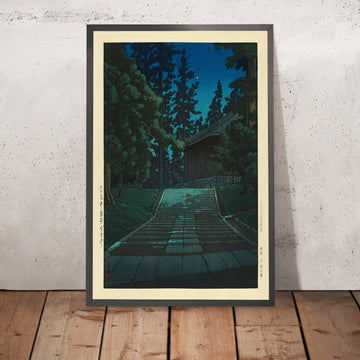 A framed image of The Golden Hall at Chuson-ji Temple in Hiraizumi by Hasui Kawase 1935